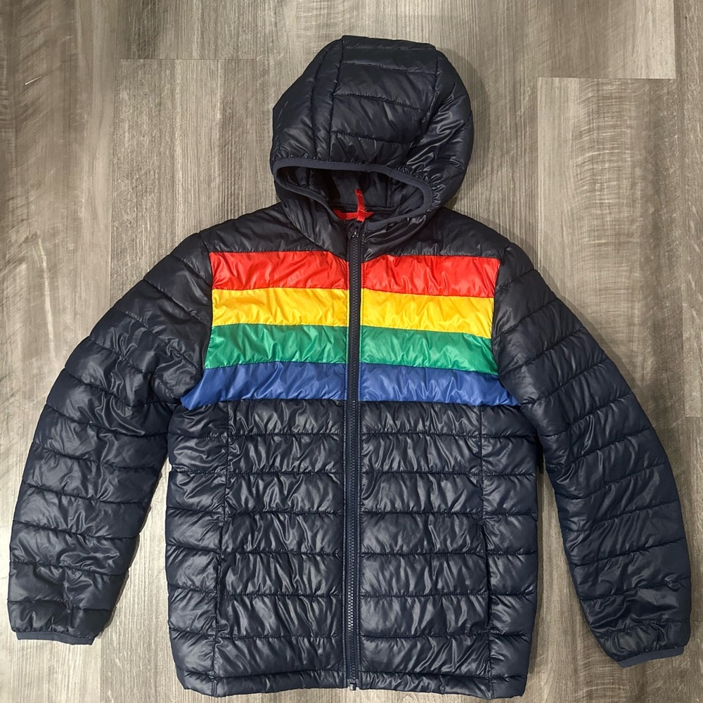 Primary navy blue and rainbow light weight puffer Jacket